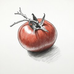 Poster - Fresh red tomato with sketched vine on a plain background showcasing its natural beauty and texture