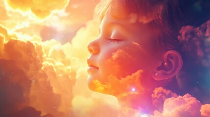 Poster - Glowing child with ethereal clouds around in a fantasy setting at golden hour