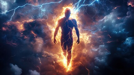 Poster - conceptual representation of a glowing man surrounded by electric energy in a dramatic atmosphere
