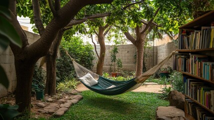 Wall Mural - A cozy hammock strung between two trees in a peaceful garden