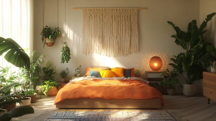 Aufkleber - Bright and inviting bedroom with macrame wall hangings and lush greenery creates a serene retreat for relaxation and comfort