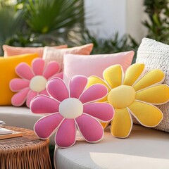 Wall Mural - Unique outdoor pillows shaped like flowers, in bright pinks and yellows, arranged on a garden table