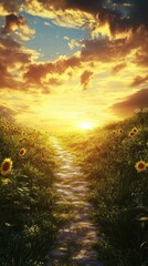 Poster - Narrow pathway surrounded by sunflowers leads to a vibrant sunset in an enchanting landscape