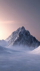 Poster - Majestic snowy mountain peak rises above a vast frozen landscape at dawn, capturing the serene beauty of winter