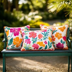 Wall Mural - Vibrant floral-print pillows arranged on a vintage garden bench under soft sunlight