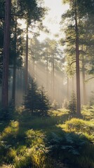 Poster - Foggy morning in a dense forest highlighting sunlight filtering through tall trees