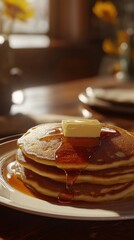 Poster - Close-up view of a delicious stack of pancakes with syrup and butter on a rustic table in a cozy breakfast setting