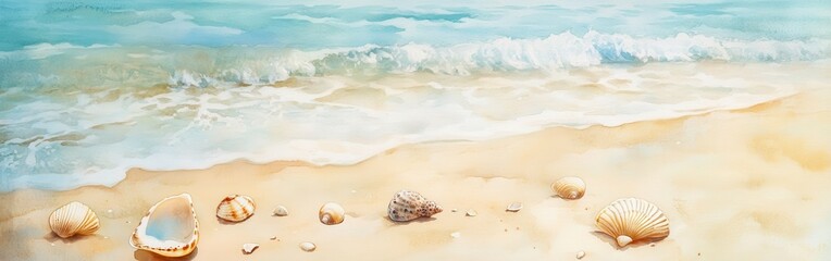 Poster - Serene coastal view with seashells and gentle ocean waves contrasting against a watercolor sky