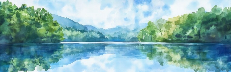 Aufkleber - Serene watercolor landscape showcasing a tranquil lake surrounded by lush forests and mountains in the background