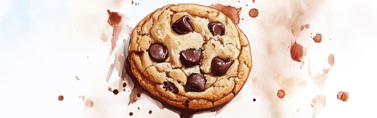 Poster - Close-up view of a chocolate chip cookie with watercolor background highlighting its texture and sweetness