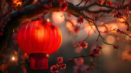 Wall Mural - Red lantern glows on blooming branch, festive Asian garden