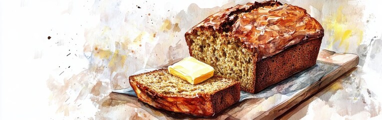Aufkleber - Deliciously baked bread with melting butter on a rustic wooden board