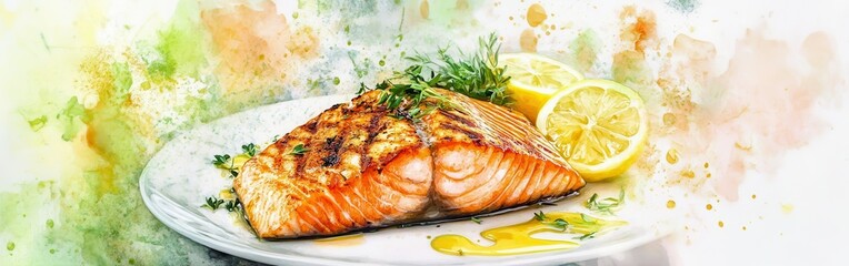 Poster - Close-up of grilled salmon fillet with herbs and lemon on watercolor background showcasing vibrant colors
