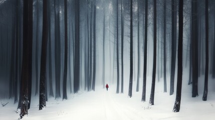 Poster - Person dressed in red walks through a snowy forest surrounded by tall trees on a winter day