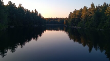 Poster - Serene lake reflecting surrounding trees at sunset in a tranquil wilderness setting