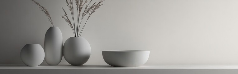 Aufkleber - Minimalist gray decor featuring vases with dried plants on a simple shelf