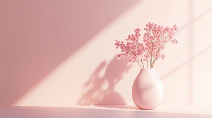 Aufkleber - Elegant pastel pink gradient backdrop enhances a delicate vase with soft pink flowers, creating a serene ambiance in a cozy space