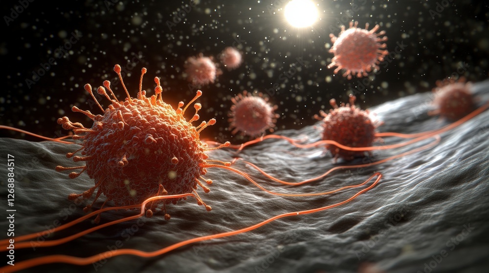 Microscope closeup view of bacteria cells and viruses on a surface in ...