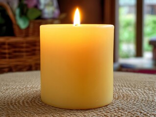 Aufkleber - Close-up of a yellow candle flickering warmly on a textured table in a cozy indoor environment surrounded by greenery
