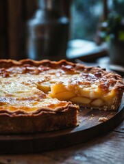 Aufkleber - Freshly baked apple pie resting on a wooden table with golden crust and delicious filling, ready to be enjoyed with family and friends