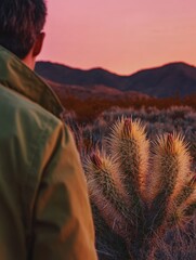 Poster - Close-up view of a cactus with sharp needles against a vibrant sunset sky in a desert landscape
