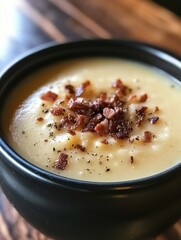 Poster - Creamy potato soup topped with crispy bacon sits invitingly in a black bowl on a wooden table