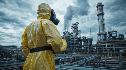 Wall Mural - A worker in a yellow hazmat suit observes an industrial facility emitting smoke against a dramatic sky, highlighting environmental concerns and safety.