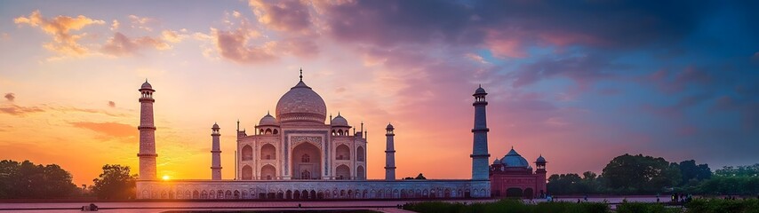 Aufkleber - Breathtaking panoramic view of the Taj Mahal the magnificent Mughal era mausoleum located in Agra India reflecting in the calm waters of the Yamuna River during a vibrant sunset