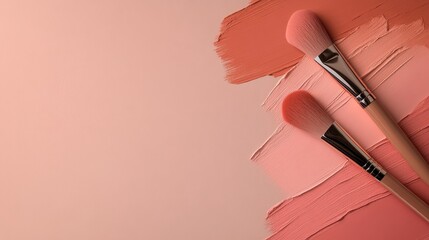 Poster - Abstract design showcasing makeup brushes against a single-tone background highlighting soft coral shades