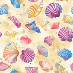 Poster - Vibrant watercolor pattern showcasing colorful seashells on a soft beige background with artistic splashes