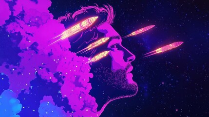 Poster - Vibrant profile of a man surrounded by explosions of color and cosmic imagery representing imagination and dreams
