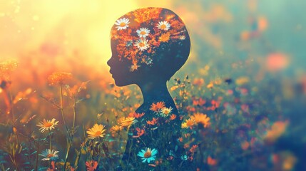 Aufkleber - Glowing child silhouette surrounded by a vibrant floral landscape during golden hour