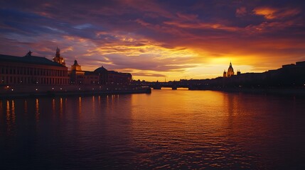 Aufkleber - Breathtaking sunset cityscape with historical architecture and landmarks reflected in the tranquil waters of a river creating a serene and enchanting atmosphere at dusk