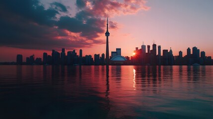 Poster - Breathtaking sunset cityscape reflecting in the serene waterfront showcasing a panoramic view of iconic skyscrapers and high rise buildings against a dramatic vibrant sky  This modern