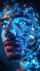Poster - Vibrant portrait of a man's face illuminated by digital circuitry patterns reflecting innovation and technology