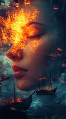 Poster - Face radiating warmth amidst a fiery maritime scene at dusk
