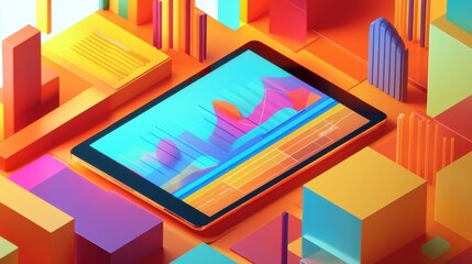 Leinwandbilder - Colorful financial charts on a tablet amid vibrant 3D geometric shapes set in an abstract scene