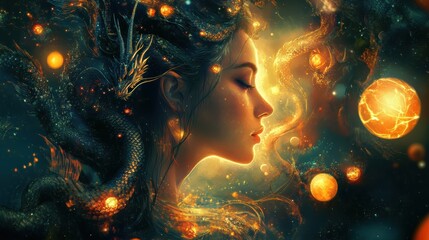 Leinwandbilder - Surreal portrayal of a glowing woman amidst cosmic elements and mystical serpents at twilight