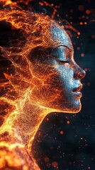 Poster - Surreal representation of a glowing woman with fiery elements and an ethereal aura in a dark setting