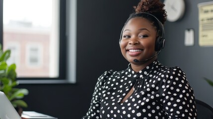 Aufkleber - Modern workspace featuring a smiling professional engaging in conversation with clients