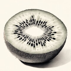Poster - Sliced kiwi fruit revealing bright green flesh and distinctive black seeds against a neutral background