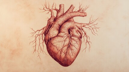 Poster - Detailed anatomical illustration of a human heart with intricate vascular connections and textures. Generative AI