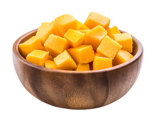 Mango cubes in a bowl on a white background. isolated background.