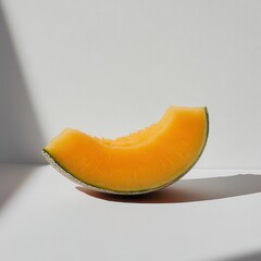 Poster - Ripe cantaloupe wedge with juicy orange flesh resting on a minimalistic surface