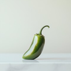 Poster - Fresh jalapeño pepper with glossy skin resting on a white marble countertop in a well-lit kitchen setting