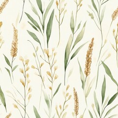 Poster - Delicate watercolor doodles of leaves and grains in a soft, serene arrangement capturing the beauty of nature
