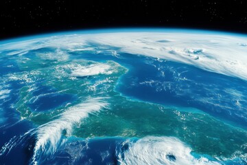 Aufkleber - Earth viewed from space showcasing coastal regions and cloud formations above the ocean during daylight. Generative AI