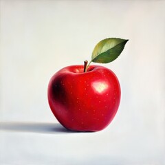 Poster - Shiny red apple with a green leaf on a plain background highlighting freshness and simplicity