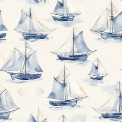 Poster - Serene watercolor doodles of sailing ships on a gentle sea create a calming nautical scene