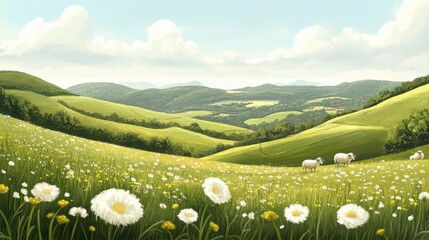 Poster - Serene spring pasture with grazing sheep under a clear sky in a lush green landscape